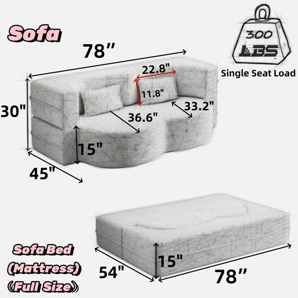 Moderne Boden-Sofa mit 2 Kissen, umklappbares Plüsch-Cord-Sofa-Bett, Vollgröße faltbares Matratze für das Wohnzimmer, Gästebett, keine Montage erforderlich, Beige