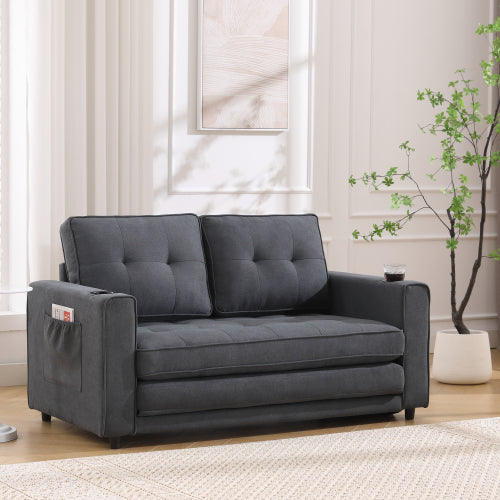 VIDEO Provided 3-in-1 Upholstered Futon Sofa Convertible Sofa Bed,Foldable Tufted Loveseat With Pull Out Sleeper Couch Bed