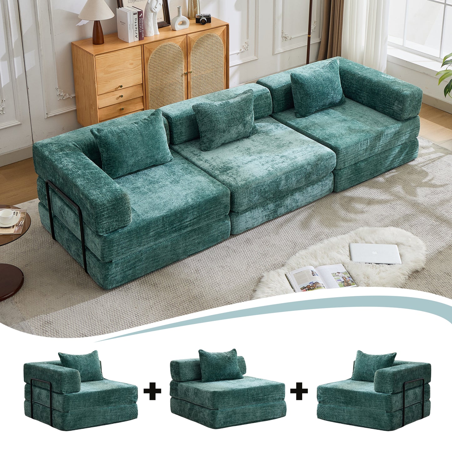 Kompressions-Sofa, Umwandelbares Boden-Sofa-Bett mit feststehendem Rahmen, Knochenloses modulares Sektionalsofa, Keine Montage erforderlich, Chenille-Stoff, für Wohnzimmer und Schlafzimmer, Dunkelgrün