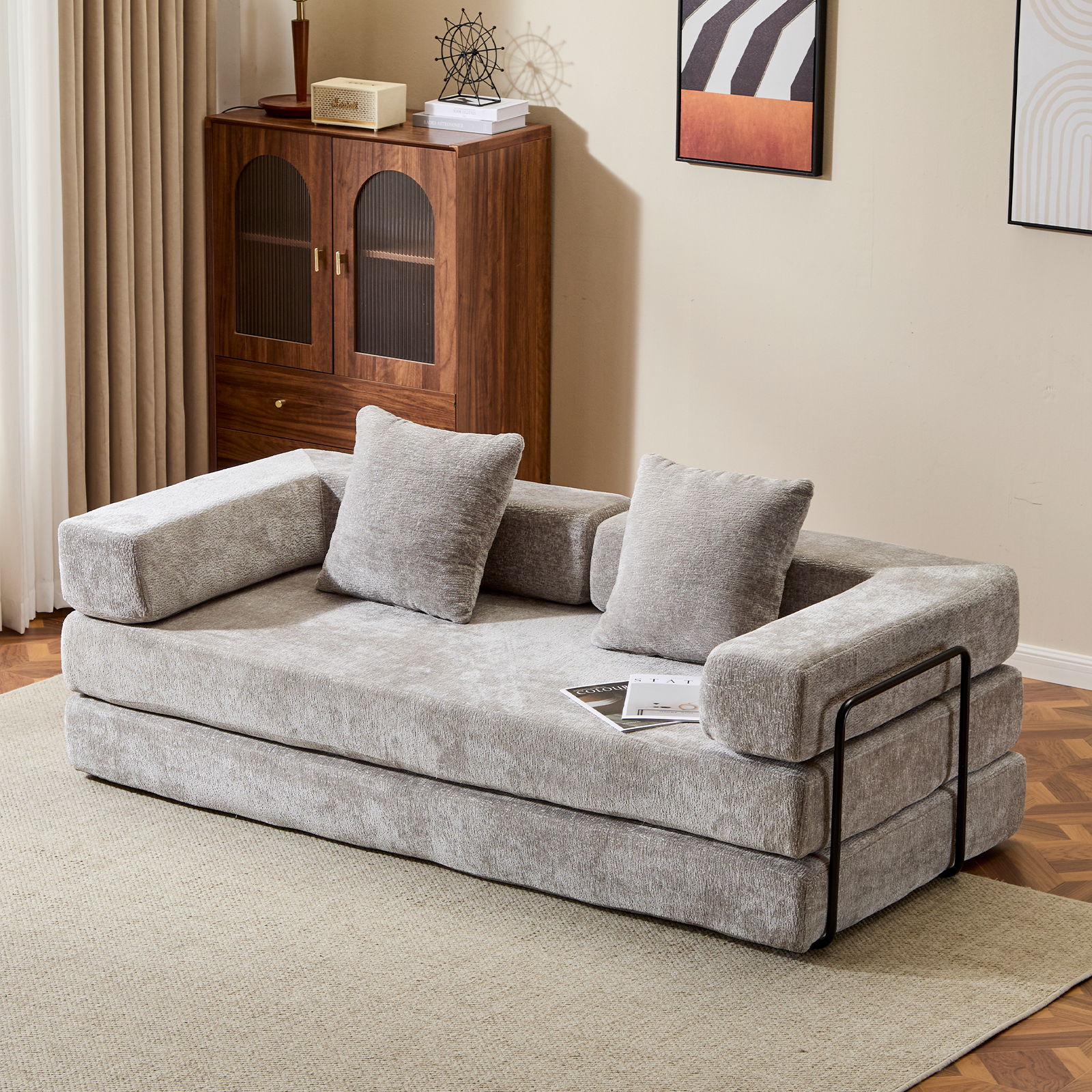 Boden-Couch, Kompressions-Sofa, Umwandelbares Boden-Sofa-Bett – mit Kissen-Rückenlehne und Armlehne, Bequeme Futon-Couch-Liege-Schlafsofa, Chenille-Stoff, für Wohnzimmer und Schlafzimmer HELLGRAU
