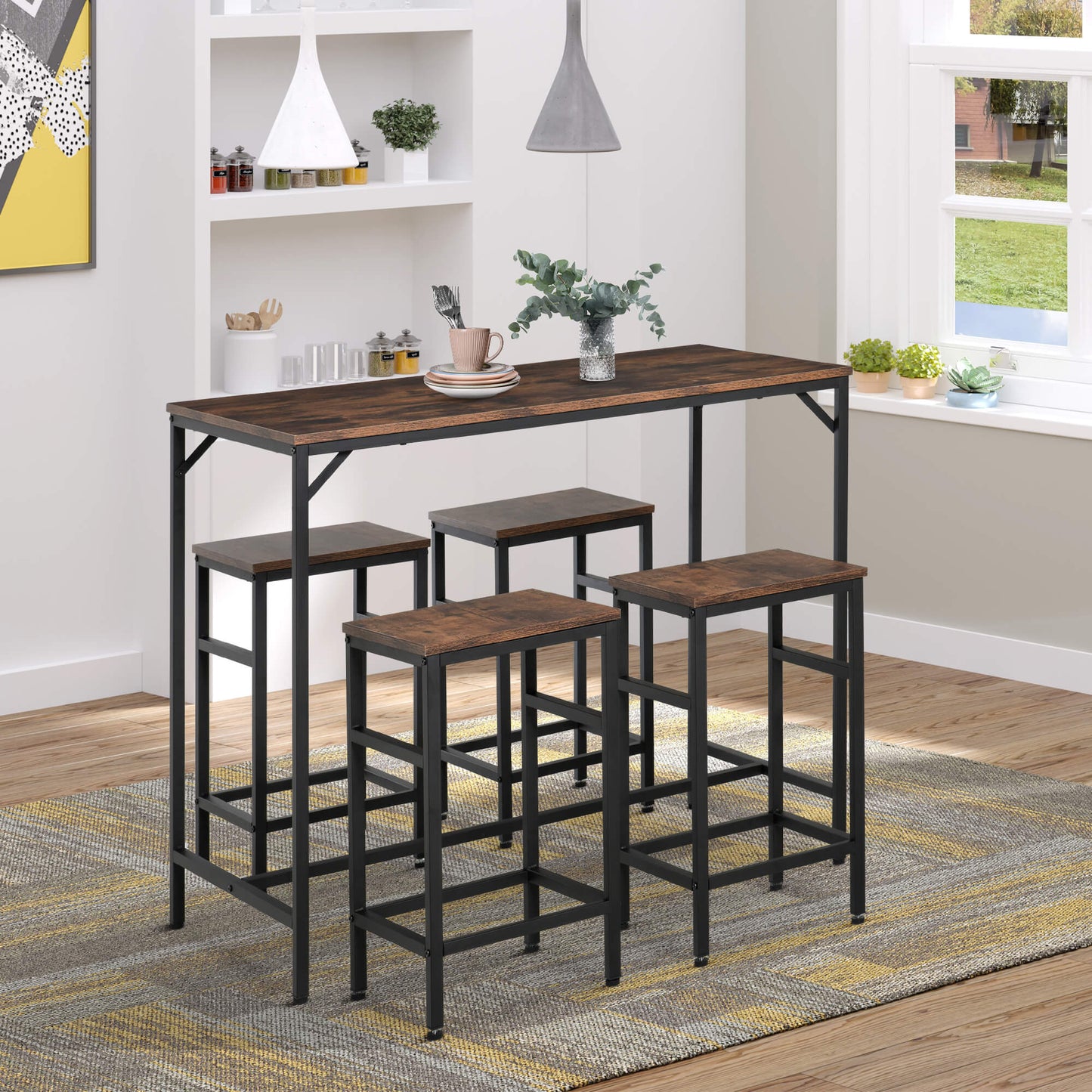 5 Piece Modern Dining Table and 4 Stools Industrial Dining Set with Footrest & Legs