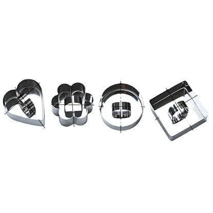 Set of four shiny stainless steel bakeware mold cookie cutters in heart flower circle and square shapes