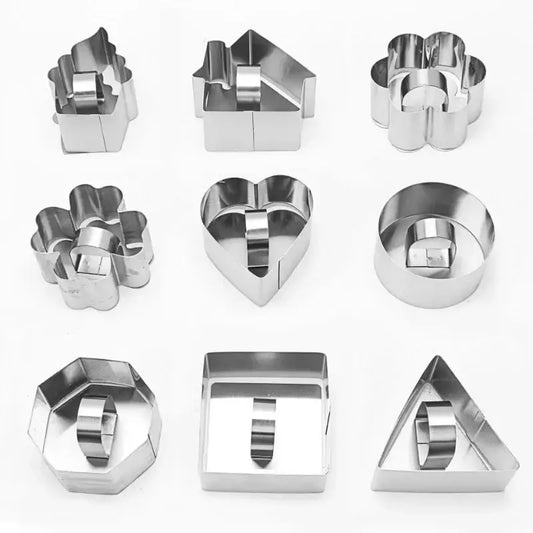 Set of nine stainless steel bakeware mold cookie cutters in various shapes including house heart flower and geometric forms
