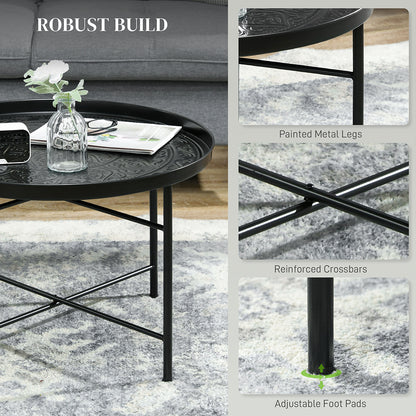 Couchtisch für das Wohnzimmer, 24-Zoll runder Mittelstisch mit gehämmertem Tablett-Oberteil und Metallrahmen für das Schlafzimmer, schwarz