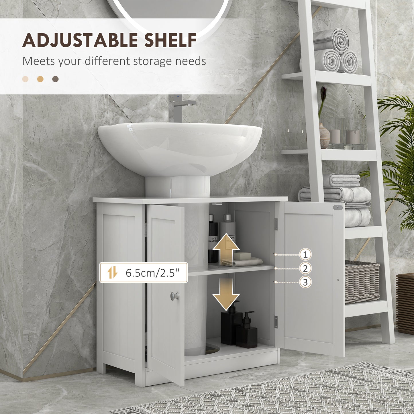 Unterwaschbecken-Badregal, Sockel-Waschbecken-Schrank mit 2 Türen, Regal und U-Form, Weiß