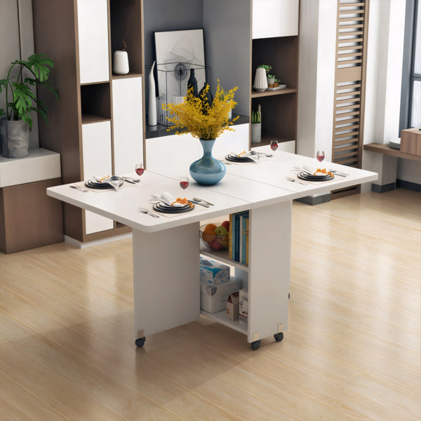 Klappbarer Esstisch mit herunterklappbaren Tischplatten, 6 Rollen und 2-stöckigem Stauraumregal, platzsparender Tisch für kleine Räume, 120 cm T x 60 cm B x 77 cm H, Weiß