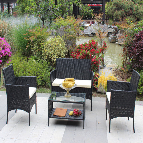 4er-PC-Rattan-Patio-Möbel-Set für den Außenbereich mit gepolsterten Sitzen Korbsofa Beige Polster