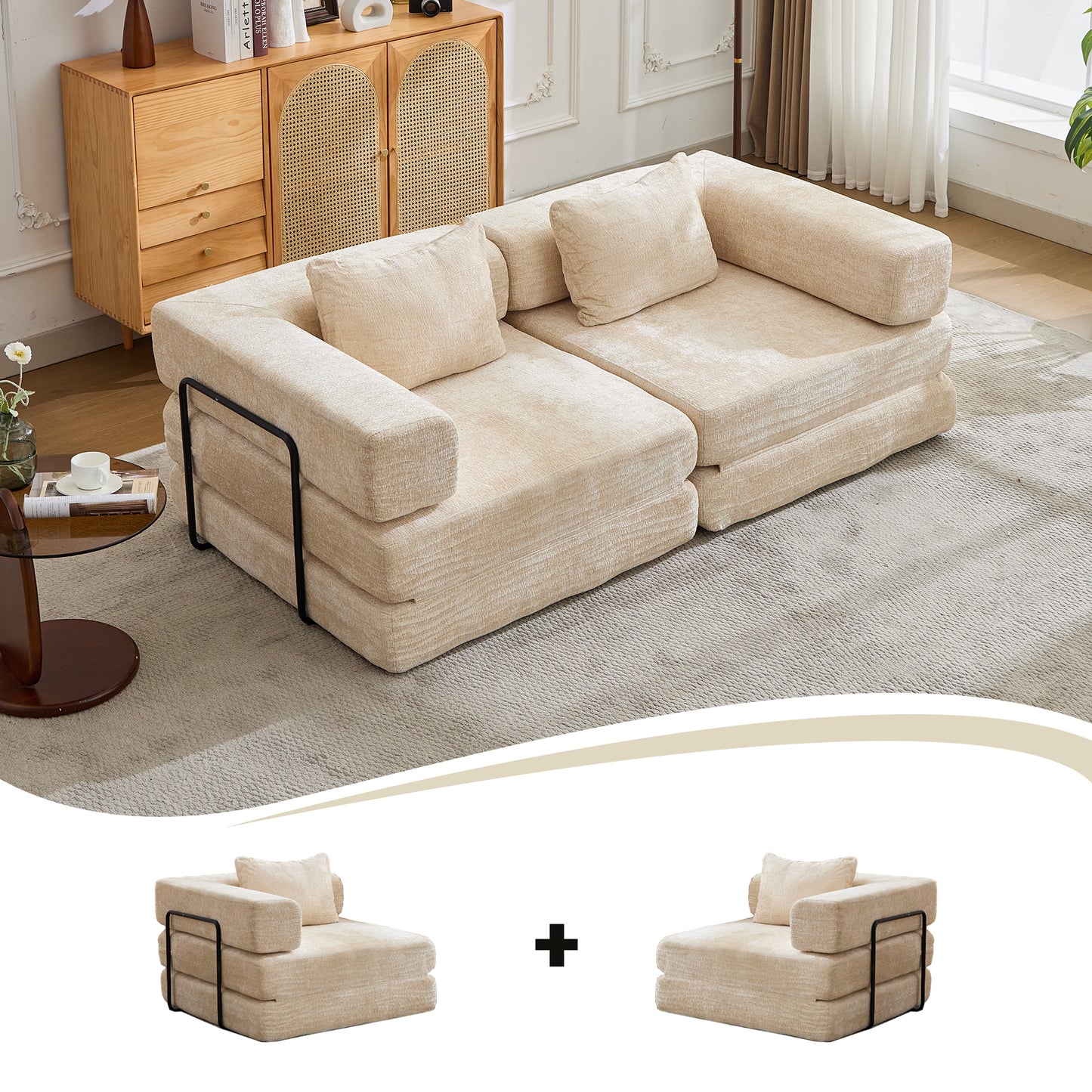 Kompressions-Sofa, Umklappbares Boden-Sofa-Bett mit festem Rahmen, Sessel knochenloses modulares Sektionssofa, keine Montage erforderlich, Chenille-Stoff, für Wohnzimmer und Schlafzimmer, Beige