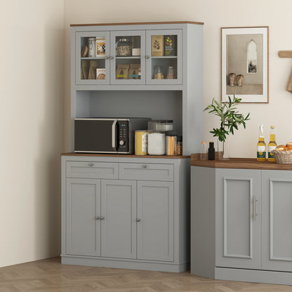 71 Küchen-Speisekammer-Schrank mit Mikrowellenständer, Küchenschrank mit 2 Schubladen und einstellbaren Regalen, Grau