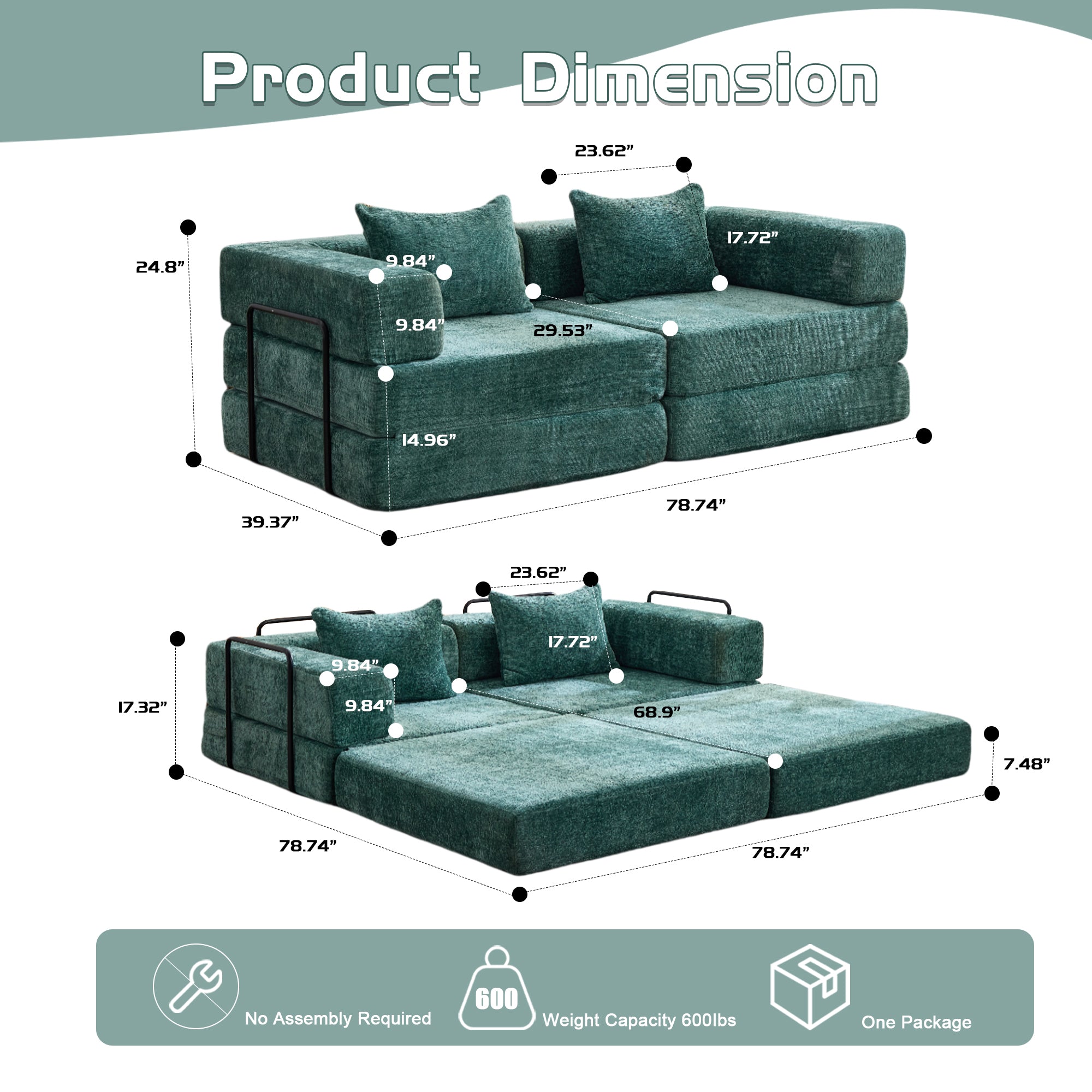 Kompressions-Sofa, Umklappbares Boden-Sofa-Bett mit festem Rahmen, Sessel knochenloses modulares Sektionalsofa, Keine Montage erforderlich, Chenille-Stoff, für Wohnzimmer Schlafzimmer, Dunkelgrün