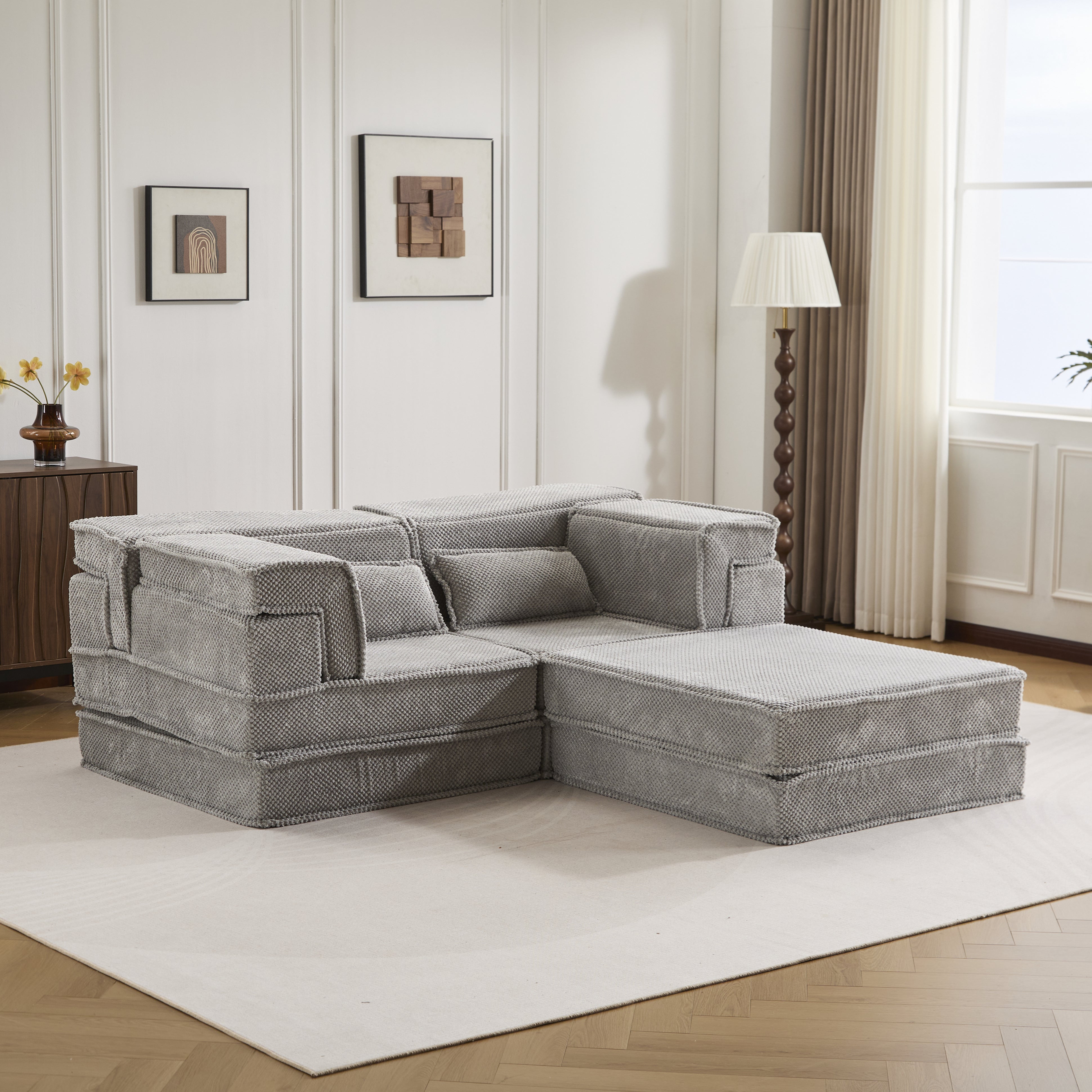 Kompressions-Mahjong-Sofa, umklappbares Boden-Sofabett, DIY knochenloses modulares Sektionssofa, keine Montage erforderlich, Kreis-Fleece-Stoff, überdimensioniertes 2-Sitzer-Sofa mit 1 Hocker, Hellgrau