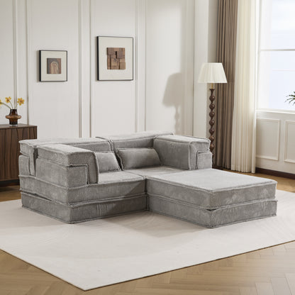 Kompressions-Mahjong-Sofa, umklappbares Boden-Sofabett, DIY knochenloses modulares Sektionssofa, keine Montage erforderlich, Kreis-Fleece-Stoff, überdimensioniertes 2-Sitzer-Sofa mit 1 Hocker, Hellgrau