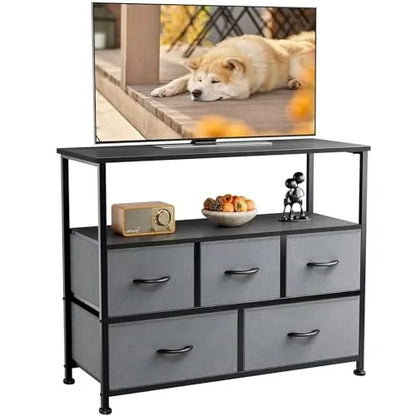Kommode für das Schlafzimmer, Schubladenschrank, 5-Schubladen-Kommode, Kleiderschrank-Stoffkommode mit Metallrahmen TV-Ständer