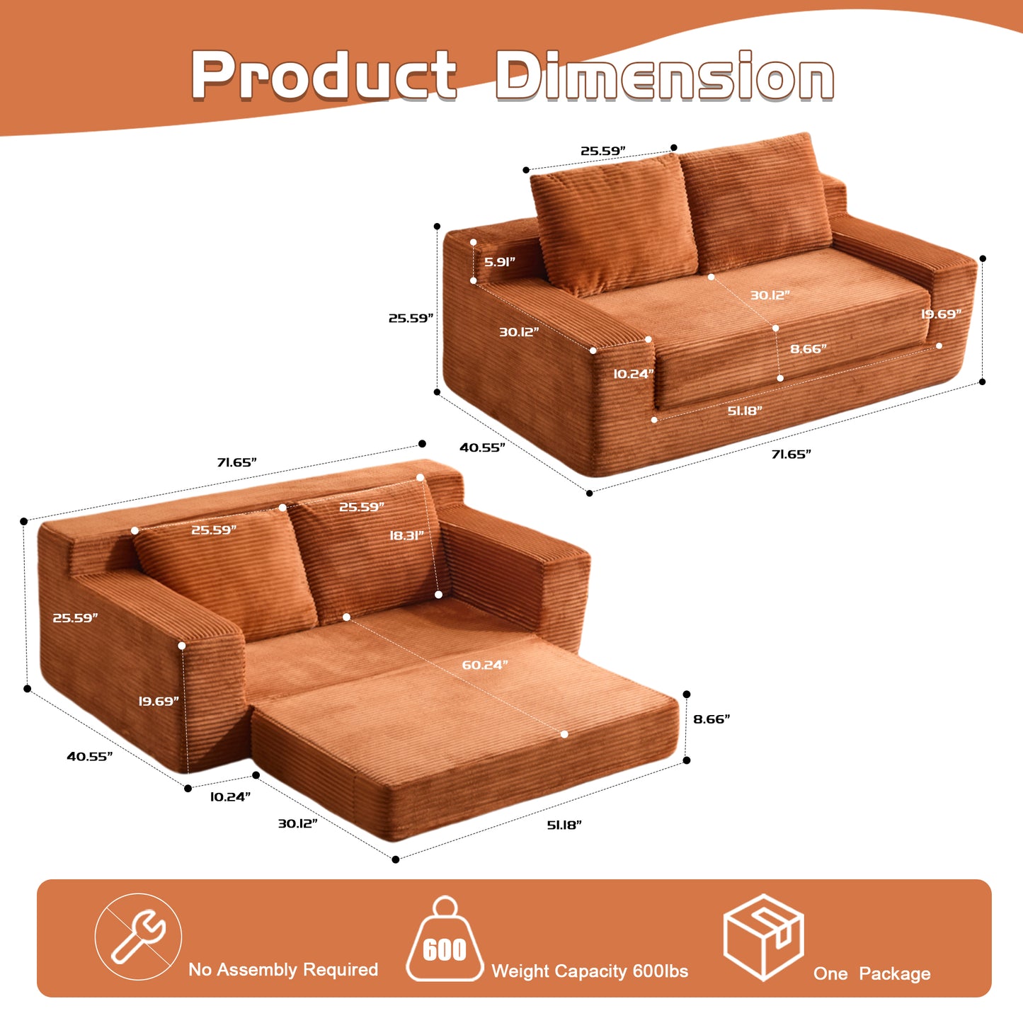 Zweisitzer-Sofa, Bequemes Sofa-Bett mit tiefer Sitzfläche, Modernes kleines Cord-Sofa für Wohnzimmer und Schlafzimmer, Umkehrbares Kissen mit Kissen, Keine Montage erforderlich, Orange