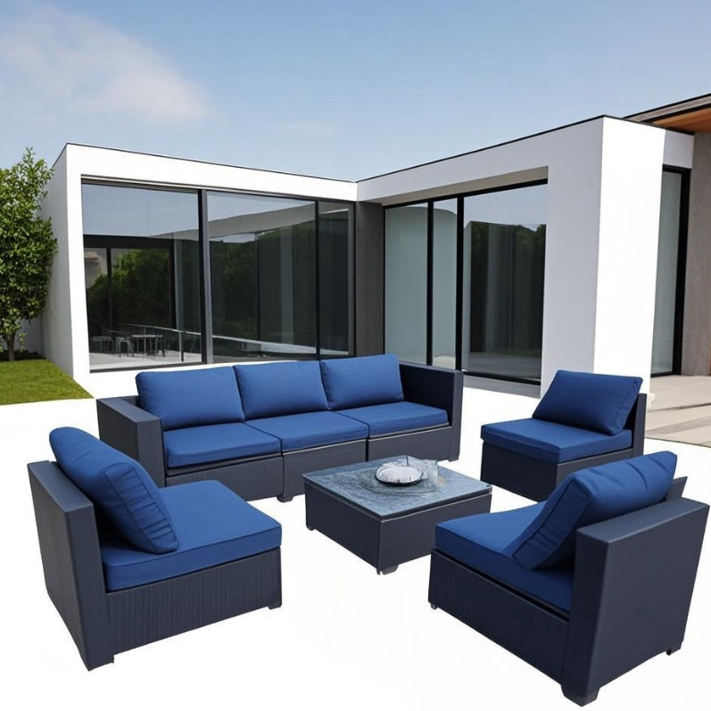 Siebenteiliges Sofaset mit Tisch und Sessel, Schwarz, PE-Rattan, Außenmöbel 7-JH001, Karton 3-1-2-3 mit blauen Sitzkissen