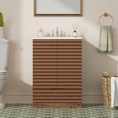 Ein moderner Badezimmer-Wandspiegel mit einem Keramikbecken, ein unter dem Wandspiegel montiertes Waschbeckenschrank mit 2 Türen und 1 Schublade
