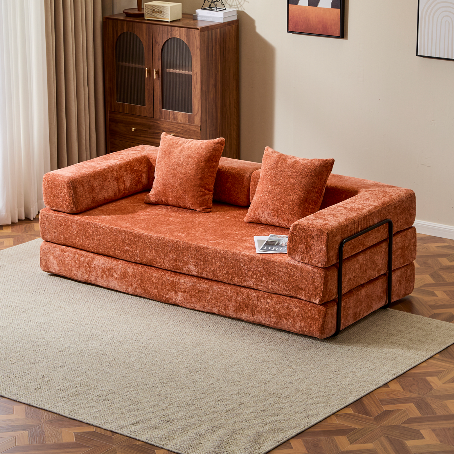 Boden-Couch, Kompressions-Sofa, Umwandelbares Boden-Sofa-Bett – mit Kissen-Rückenlehne und Armlehne, Bequeme Futon-Couch-Liege-Schlafsofa, Chenille-Stoff, für Wohnzimmer und Schlafzimmer, Orange