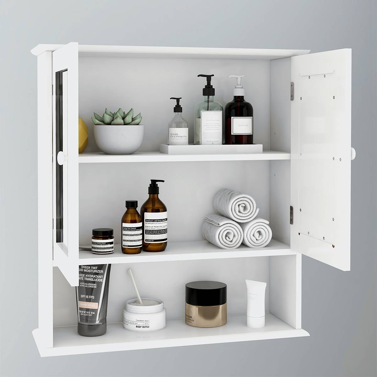 Badezimmerschrank mit Doppelspiegeltüren und Regalen