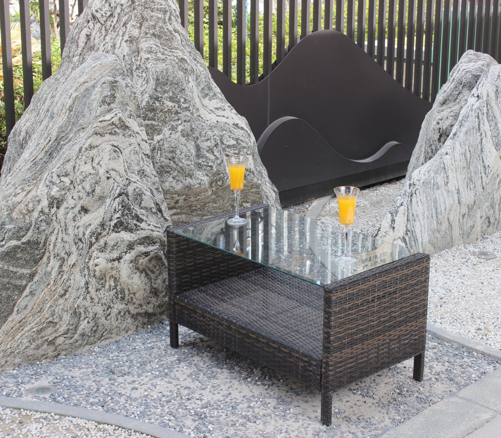 Brown Iron Coffee Table Tempered Glass Patio