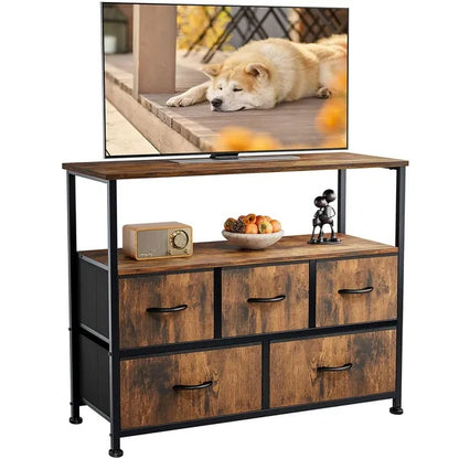Kommode für das Schlafzimmer, Schubladenschrank, 5-Schubladen-Kommode, Kleiderschrank-Stoffkommode mit Metallrahmen TV-Ständer