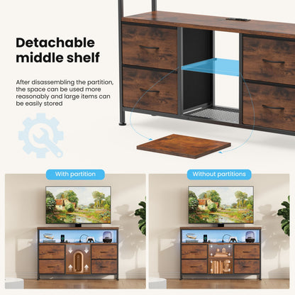 TV-Ständer, 4 Schubladen, mit LED-Lichtern und Stromsteckdosen, Möbel für das Wohnzimmer für 50-Zoll-Fernseher, mit offenen Regalen und verstellbaren Füßen