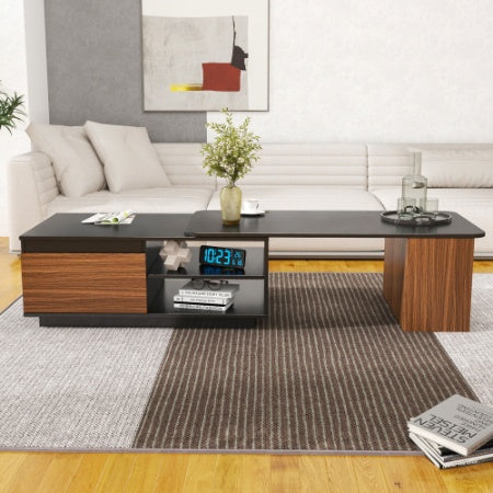 Ausziehbare Couchtisch, Längenverstellbarer Holztisch mit 2 Stauraumschubladen für das Wohnzimmer, Großer Langer Rechteckiger Mittelstuhl