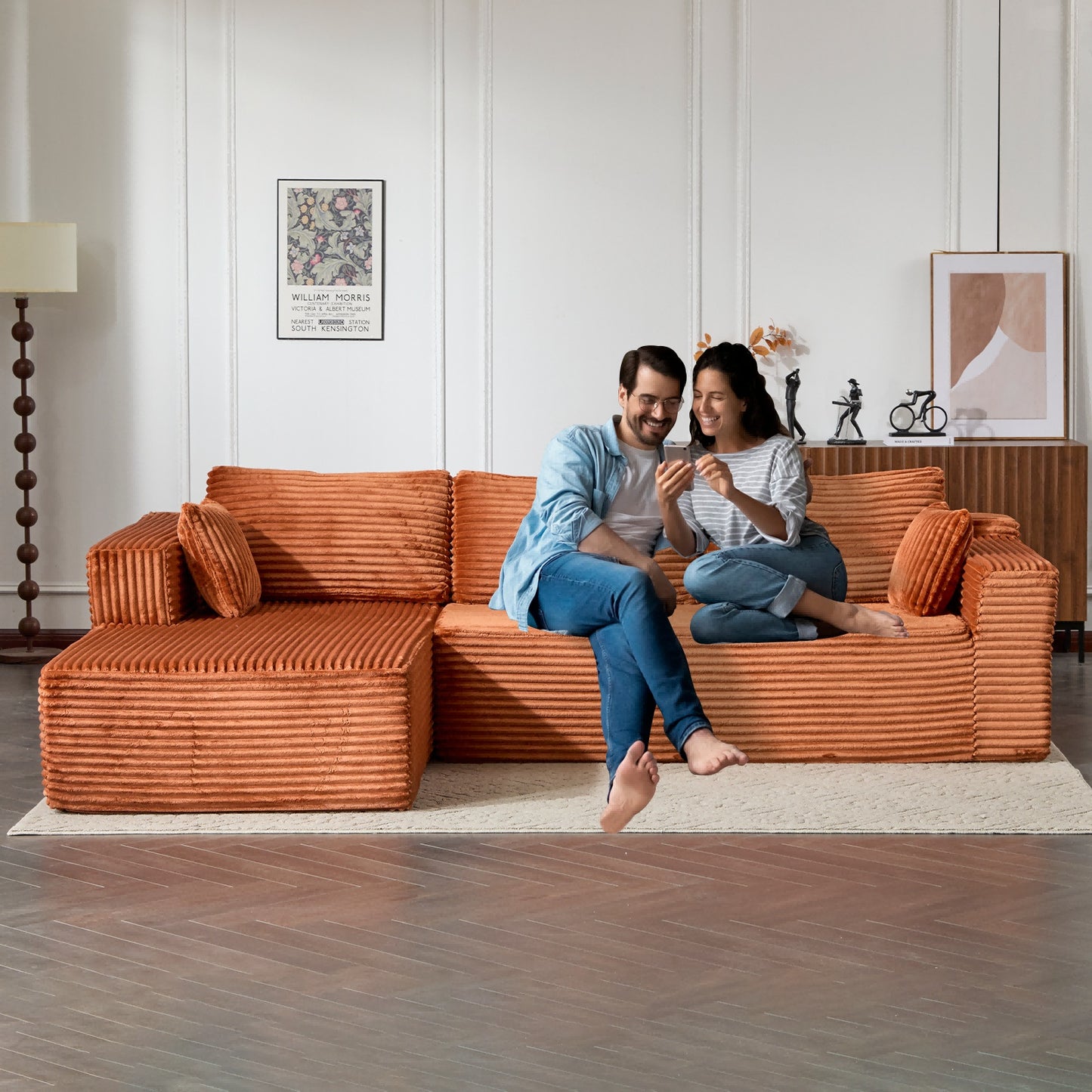 Kompressions-Sitzgruppen-Sofa mit bequemer Chaise, knochenloses L-förmiges Sofa mit tiefer Sitzfläche, minimalistisches modulares Schlafsofa für Wohnzimmer, Schlafzimmer, Apartment und Lounge, Corduroy, Braun