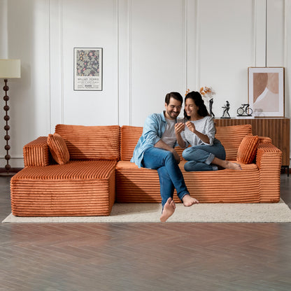 Kompressions-Sitzgruppen-Sofa mit bequemer Chaise, knochenloses L-förmiges Sofa mit tiefer Sitzfläche, minimalistisches modulares Schlafsofa für Wohnzimmer, Schlafzimmer, Apartment und Lounge, Corduroy, Braun