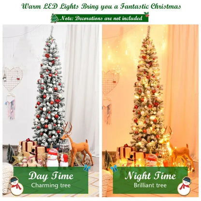 2,29 m schneegeflockter Bleistift-Weihnachtsbaum - 641 Astspitzen, 350 warme LED-Lichter, PVC+Metall