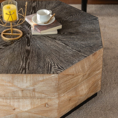 Oktagon Couchtisch, 38 Retro-Stil Holz-Mitteltisch mit dreidimensionalem Prägungsmuster, rustikaler Cocktailtisch Mitteltisch großer runder Couchtisch für Wohnzimmer Zuhause