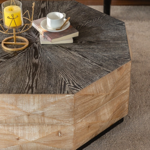 Oktagon Couchtisch, 38 Retro-Stil Holz-Mitteltisch mit dreidimensionalem Prägungsmuster, rustikaler Cocktailtisch Mitteltisch großer runder Couchtisch für Wohnzimmer Zuhause