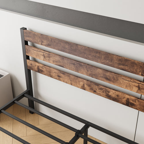 Queen-Size-Platform-Bettgestell mit rustikalem, vintage Holz-Kopfteil, starke Metallleisten stützen die Matratzenunterlage, keine Boxspring-Federkern erforderlich, rustikales Braun