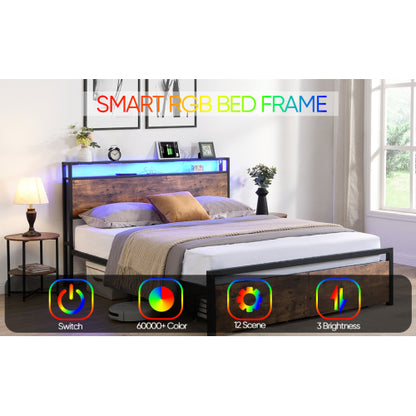 Queen-Size-Bettgestell mit Stauraum-Kopfteil und 2 Schubladen, LED-Licht-Bett mit Lade-Station