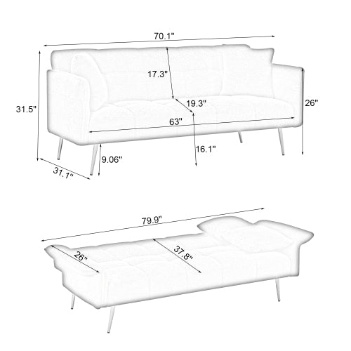 70,1 Zoll Futon-Sofabett, Umwandelbares Doppelsofabett mit Klappbaren Armlehnen für Wohnzimmer und kleine Räume