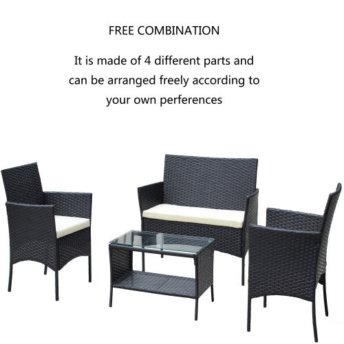 4er-PC-Rattan-Patio-Möbel-Set für den Außenbereich mit gepolsterten Sitzen Korbsofa Beige Polster