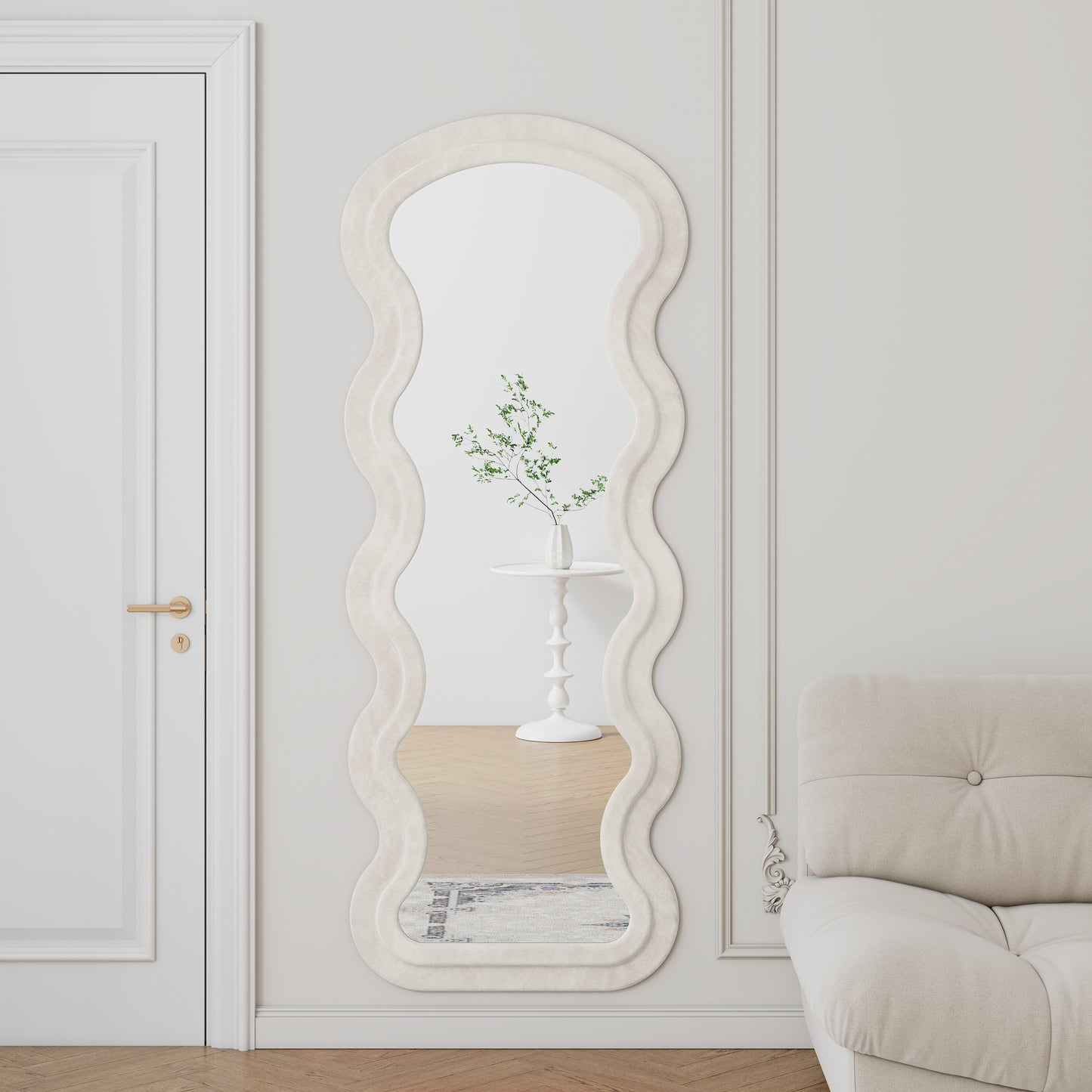 Flanell-Wandspiegel in Wellenform, volle Länge, Bodenspiegel für Schlafzimmer und Wohnzimmer, hängend oder an die Wand gelehnt, weiß