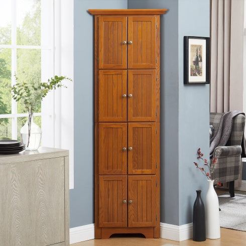 4-stufiger 72-Eck-Küchen-Vorratsschrank mit 8 Türen, hoher Stauraumschrank, Eckschrank und einstellbaren Regalen, Haus-Farmhaus-Bücherschrank für Badezimmer, Wohnzimmer, Küche EICHE