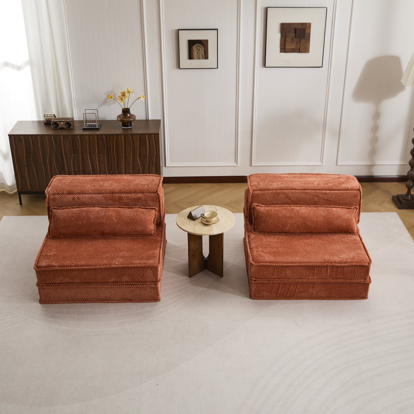 Kompressions-Mahjong-Sofa, umklappbares Boden-Sofabett, DIY knochenloses modulares Sektionssofa, keine Montage erforderlich, Kreisförmiger Fleece-Stoff, überdimensioniertes 2-Sitzer-Sofa mit 2 Kissen, Orange