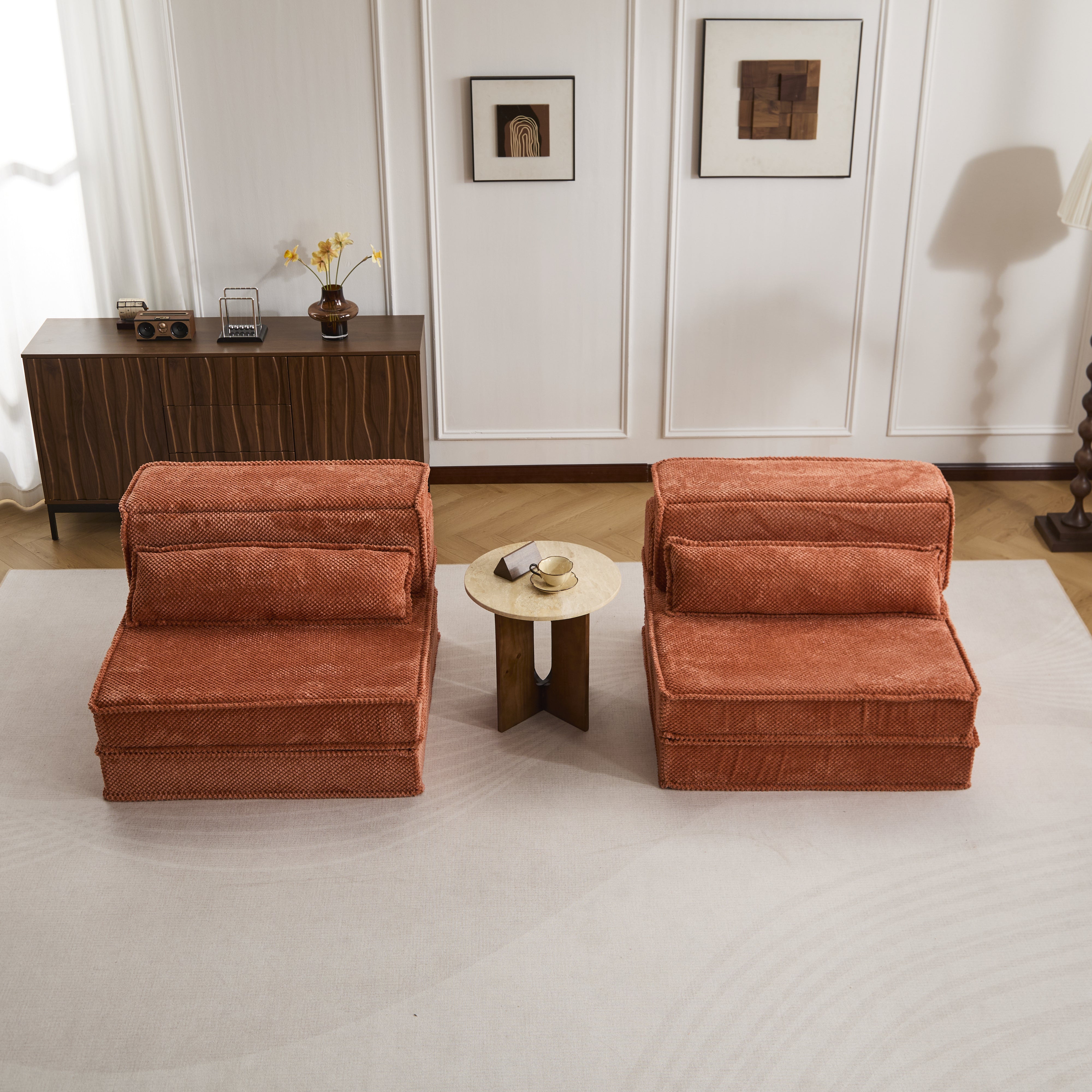 Kompressions-Mahjong-Sofa, umklappbares Boden-Sofabett, DIY knochenloses modulares Sektionssofa, keine Montage erforderlich, Kreisförmiger Fleece-Stoff, überdimensioniertes 2-Sitzer-Sofa mit 2 Kissen, Orange