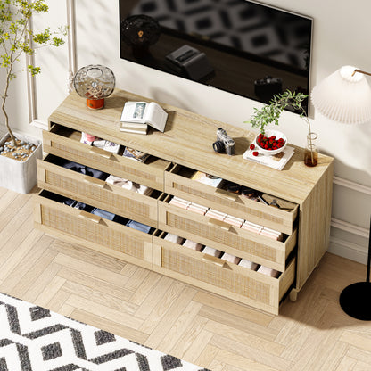 59 Rattan-Kommode mit Schubladen, 6-Schubladen-Kommode für das Schlafzimmer, Kleiderschrank für das Schlafzimmer, Metallgriff Holzbeine für Flur, Wohnzimmer, Schlafzimmer, natürlich