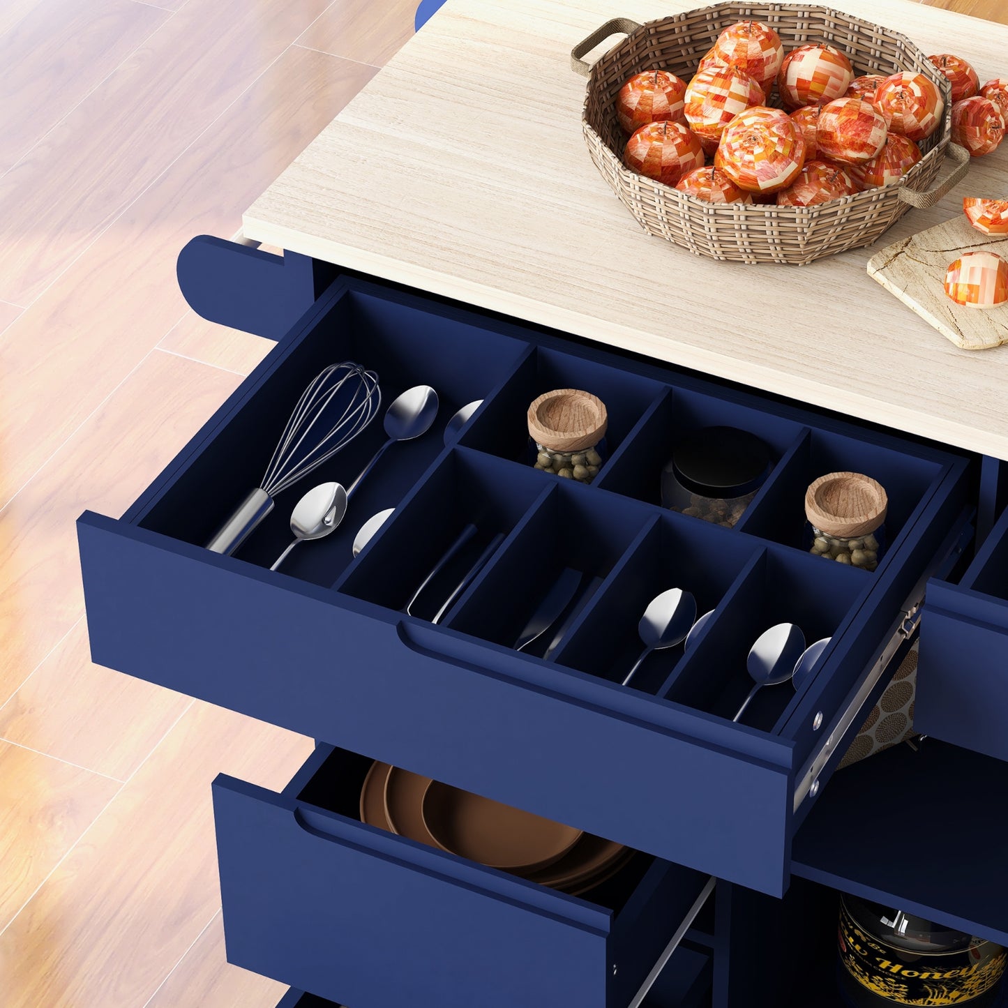K&K Store Kitchen Cart With Rubber Wood Top, 8 Handle-Free Drawers