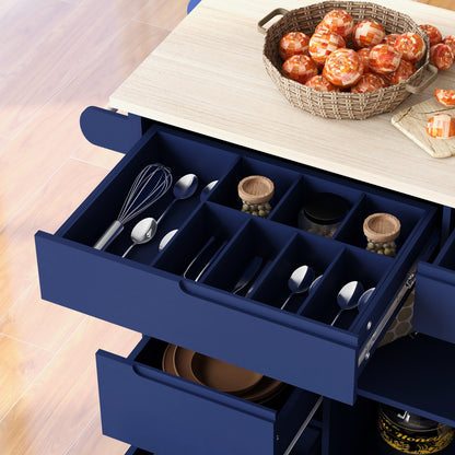 K&K Store Kitchen Cart With Rubber Wood Top, 8 Handle-Free Drawers