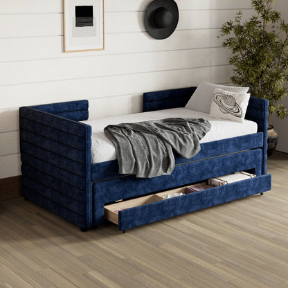 Twin Size Upholstered Daybed With Trundle And 3 Storage Drawers, Chenille Fabric Sofa Bed For Guest Room, Living Room, Space-Saving Modern Day Bed Frame, No Box Spring Needed