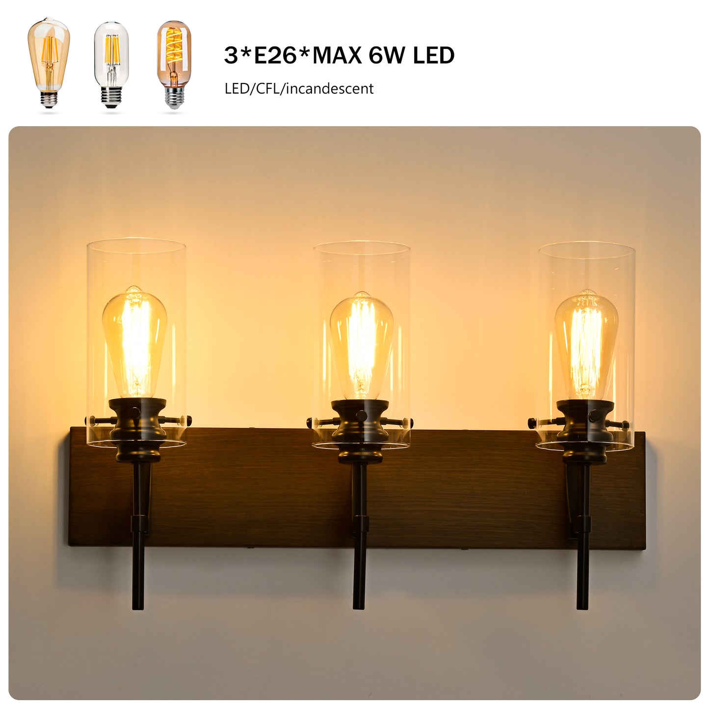 3-Lichtiges mattschwarzes Holzfarbenes Badezimmerleuchten-Set, moderne Waschtischleuchten mit Glasschirm, vintage Badezimmerleuchte über dem Spiegel Wandlichter für Küche, Esszimmer, Schlafzimmer, Flur