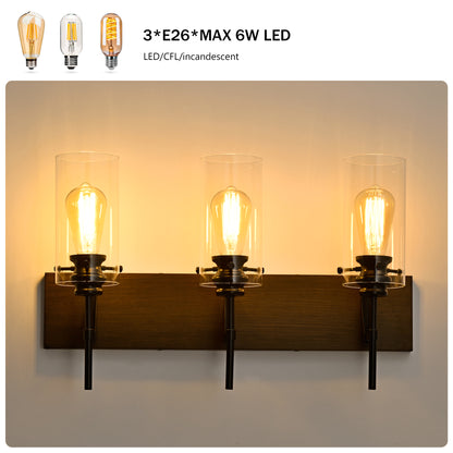 3-Lichtiges mattschwarzes Holzfarbenes Badezimmerleuchten-Set, moderne Waschtischleuchten mit Glasschirm, vintage Badezimmerleuchte über dem Spiegel Wandlichter für Küche, Esszimmer, Schlafzimmer, Flur