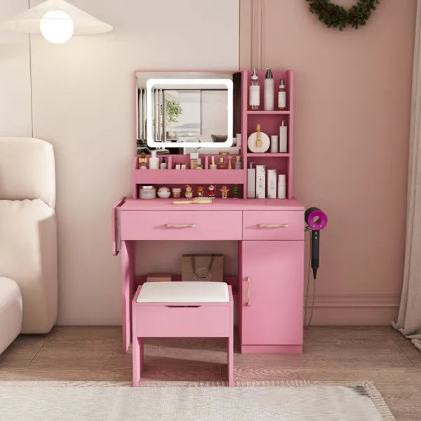 Toilettentisch mit LED-Spiegelbeleuchtung und Stromsteckdosen-Ladestation, Schminktisch mit 3 Schubladen, 7 Regalen und Stauraum-Hocker, für Mädchen und Frauen (Rosa)