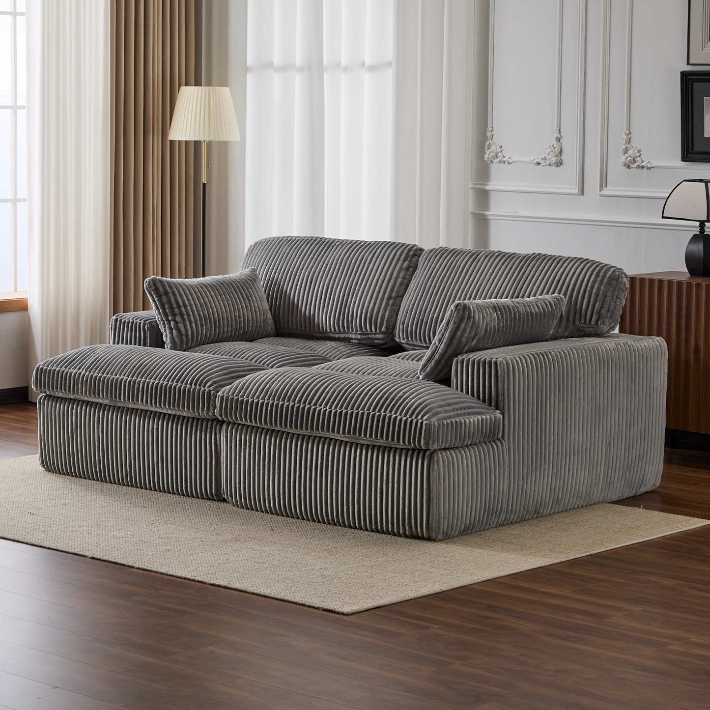 Doppel-Liegestuhl für Innenräume, Überdimensionierter Bezogener Schlafsessel Wolken-Couch, Tief Sitzender Luxus-Sofabett, Sektionale Sofa-Liegestuhl Liebes-Sitz, Corduroy Lesesessel für das Wohnzimmer, Keine Montage erforderlich, Grau