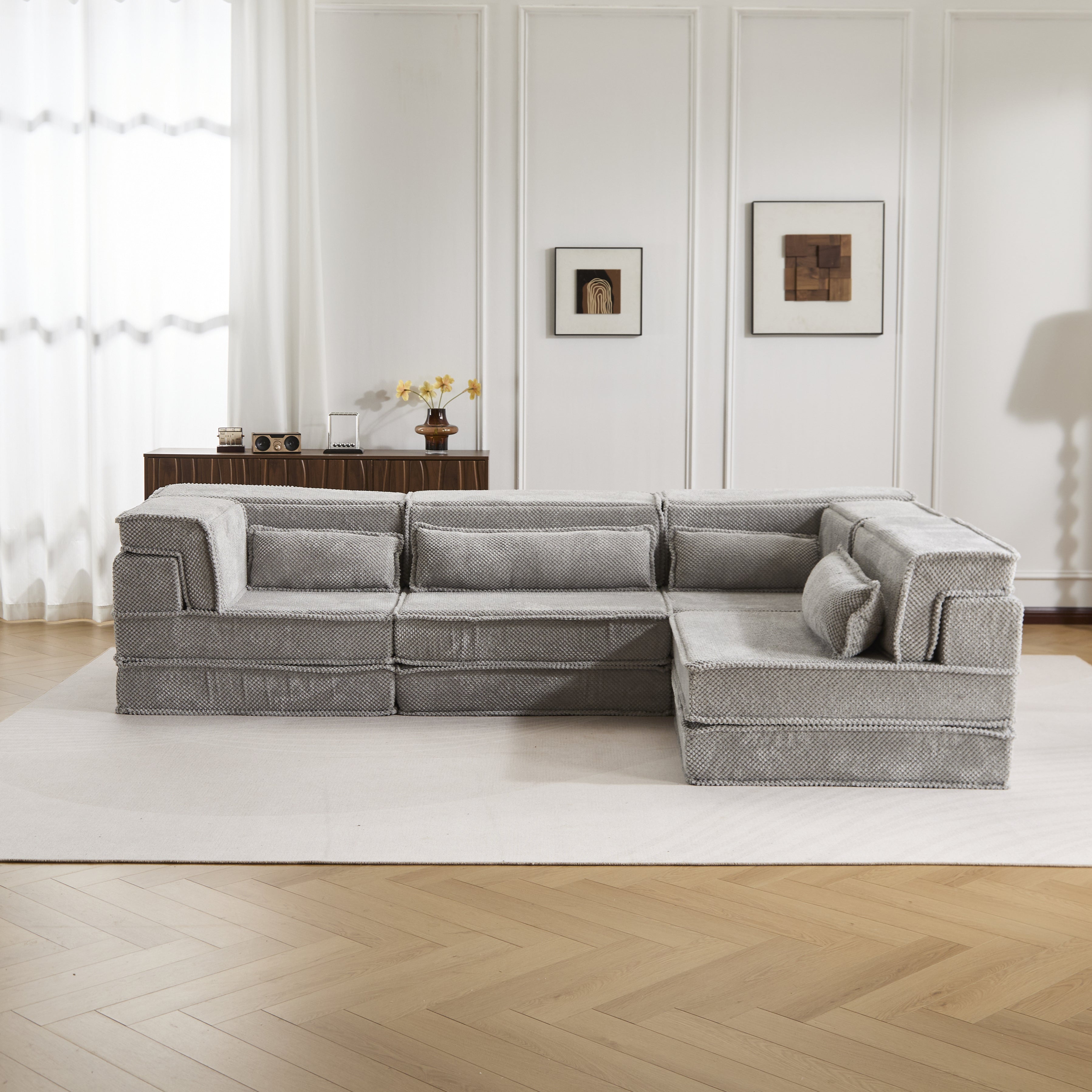 Kompressions-Mahjong-Sofa, Umwandelbares Boden-Sofabett, DIY Knochenloses Modulares Sektionalsofa, Keine Montage Erforderlich, Kreisförmiger Fleece-Stoff, Überdimensioniertes 4-Sitzer-Sofa mit 4 Kissen, Hellgrau