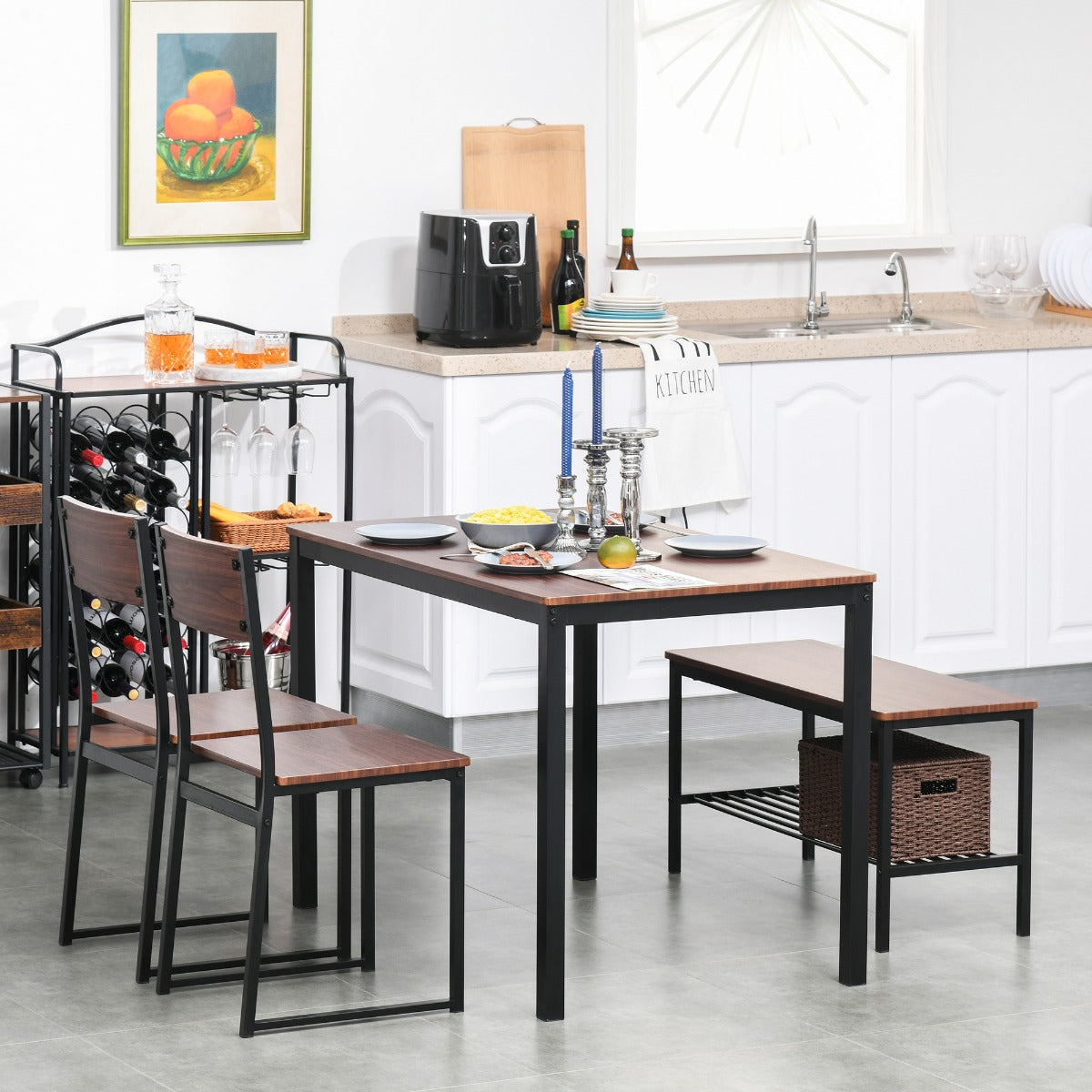 Industrielles 4-teiliges Esszimmer-Tisch-Set mit Bank, Küchentisch und Stühlen mit Stauraum für die Küche