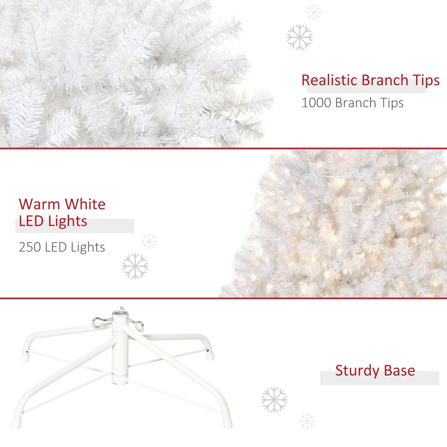 HOMCOM 1,8 m hoher vorbeleuchteter Weihnachtsbaum Douglasie künstlicher Weihnachtsbaum mit realistischen Ästen, 250 warmweißen LED-Lichtern und 1000 Spitzen, weiß